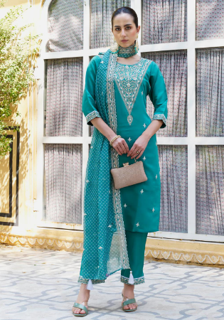 Picture of Fascinating Silk Teal Readymade Salwar Kameez