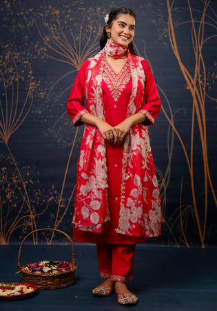 Picture of Charming Rayon & Silk Red Readymade Salwar Kameez