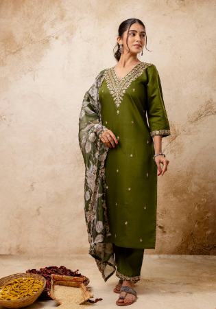 Picture of Wonderful Silk Olive Readymade Salwar Kameez