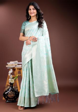 Picture of Pretty Cotton & Linen Powder Blue Saree