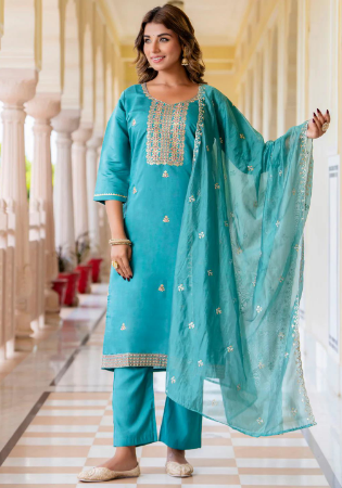 Picture of Gorgeous Silk Light Sea Green Readymade Salwar Kameez