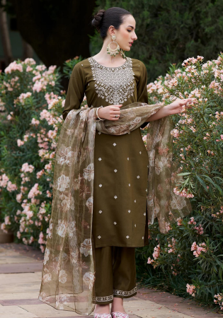 Picture of Rayon Dark Olive Green Readymade Salwar Kameez