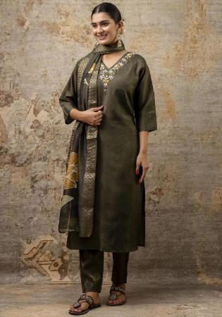 Picture of Silk Dark Olive Green Readymade Salwar Kameez