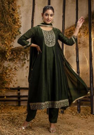 Picture of Silk Dark Olive Green Readymade Salwar Kameez