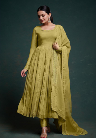 Picture of Chiffon & Crepe Dark Khaki Readymade Salwar Kameez