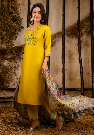 Picture of Beautiful Silk Dark Golden Rod Readymade Salwar Kameez