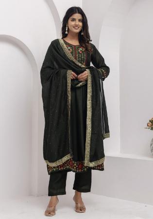 Picture of Silk Dark Olive Green Readymade Salwar Kameez