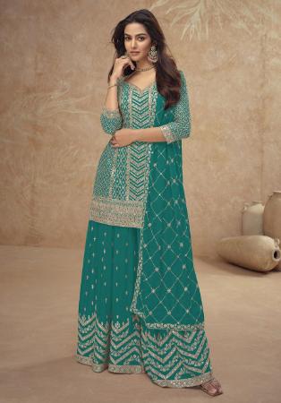 Picture of Resplendent Chiffon Teal Straight Cut Salwar Kameez
