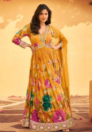Picture of Chiffon Dark Golden Rod Straight Cut Salwar Kameez