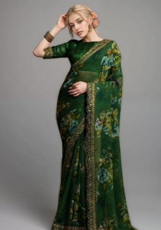 Picture of Delightful Georgette Forest Green Saree
