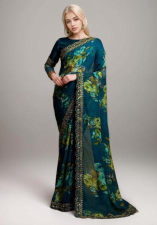 Picture of Stunning Georgette Teal Saree
