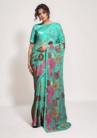 Picture of Nice Georgette Medium Turquoise Saree