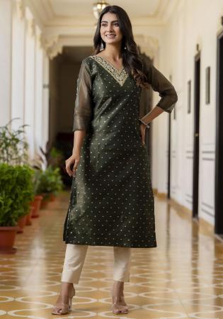 Picture of Beautiful Silk Dark Olive Green Kurtis & Tunic