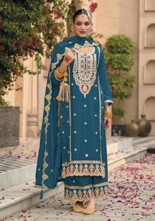 Picture of Resplendent Chiffon Teal Straight Cut Salwar Kameez