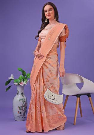 Picture of Gorgeous Cotton & Linen Dark Salmon Saree