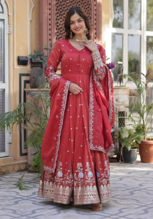 Picture of Well Formed Chiffon Indian Red Readymade Gown