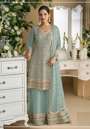 Picture of Georgette Dark Sea Green Straight Cut Salwar Kameez