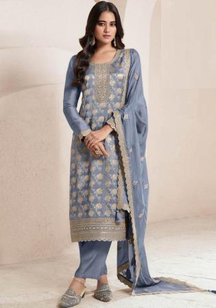 Picture of Chiffon Light Slate Grey Straight Cut Salwar Kameez