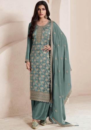 Picture of Sightly Chiffon Sea Green Straight Cut Salwar Kameez