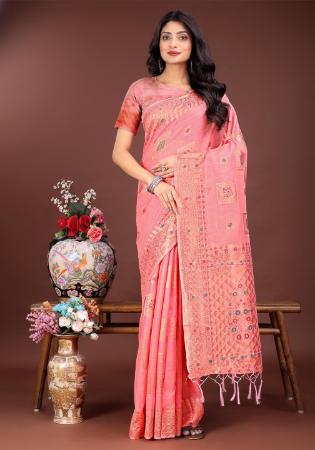 Picture of Beautiful Cotton & Linen Dark Salmon Saree