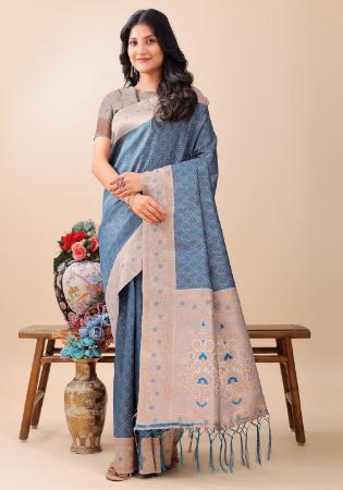 Picture of Magnificent Linen & Silk Steel Blue Saree