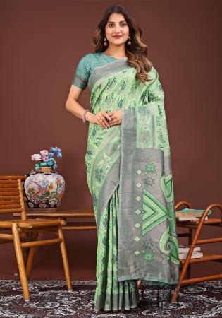 Picture of Beautiful Cotton & Linen Dark Sea Green Saree