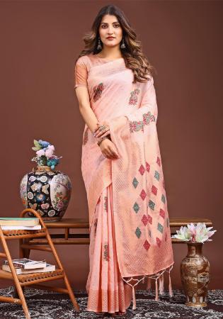 Picture of Elegant Cotton & Linen Peach Puff Saree