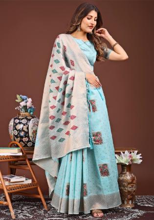 Picture of Pleasing Cotton & Linen Powder Blue Saree