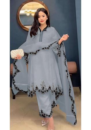 Picture of Georgette Light Slate Grey Straight Cut Salwar Kameez