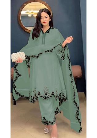 Picture of Georgette Dark Sea Green Straight Cut Salwar Kameez