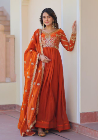 Picture of Gorgeous Chiffon Fire Brick Readymade Gown
