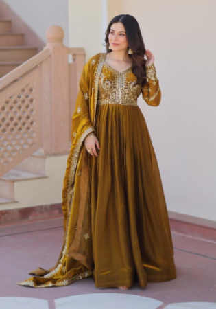 Picture of Shapely Chiffon Dark Olive Green Readymade Gown