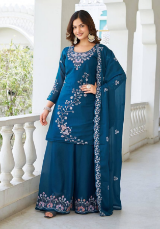Picture of Good Looking Georgette Teal Straight Cut Salwar Kameez