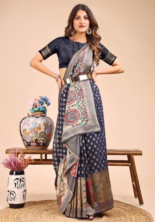 Picture of Appealing Cotton & Linen Navy Blue Saree