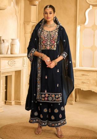 Picture of Elegant Chiffon Navy Blue Straight Cut Salwar Kameez