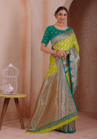 Picture of Excellent Silk Yellow Green Saree