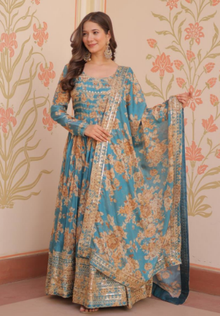 Picture of Bewitching Silk Cadet Blue Readymade Gown