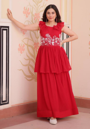 Picture of Fine Georgette Crimson Readymade Gown