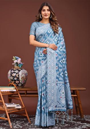 Picture of Beautiful Cotton & Linen Light Steel Blue Saree