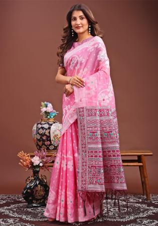 Picture of Beautiful Cotton & Linen Light Pink Saree