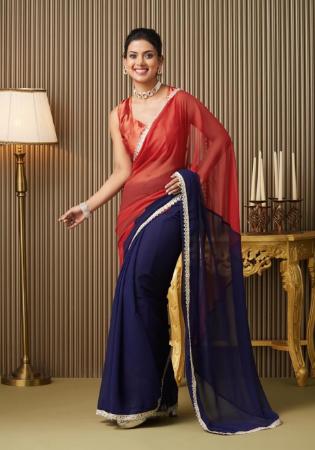 Picture of Wonderful Chiffon & Satin & Silk Navy Blue Saree