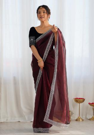 Picture of Well Formed Net Saddle Brown Saree