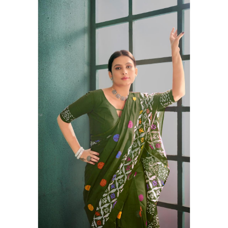 Picture of Exquisite Cotton Dark Olive Green Saree