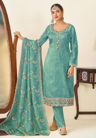 Picture of Well Formed Silk Cadet Blue Straight Cut Salwar Kameez