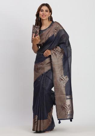 Picture of Splendid Cotton & Linen Navy Blue Saree