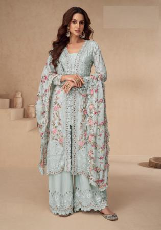 Picture of Chiffon Dark Sea Green Straight Cut Salwar Kameez
