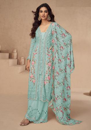 Picture of Chiffon Light Blue Straight Cut Salwar Kameez