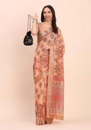 Picture of Resplendent Cotton & Linen Coral Saree