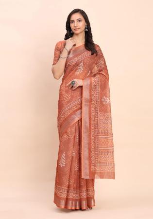 Picture of Pretty Cotton & Linen Indian Red Saree