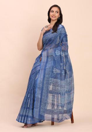 Picture of Gorgeous Cotton & Linen Dark Slate Blue Saree